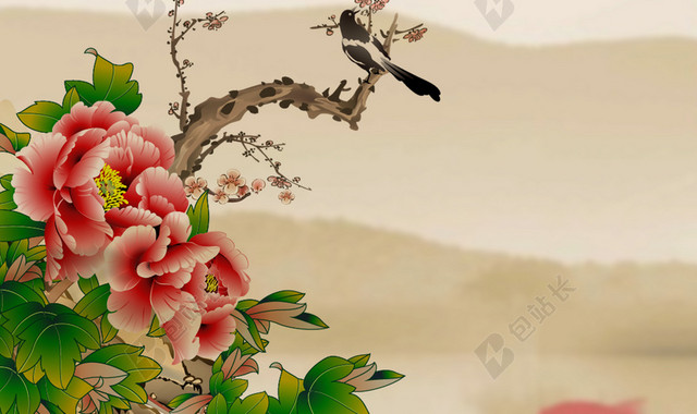 中国风水墨画彩色花卉平面广告
