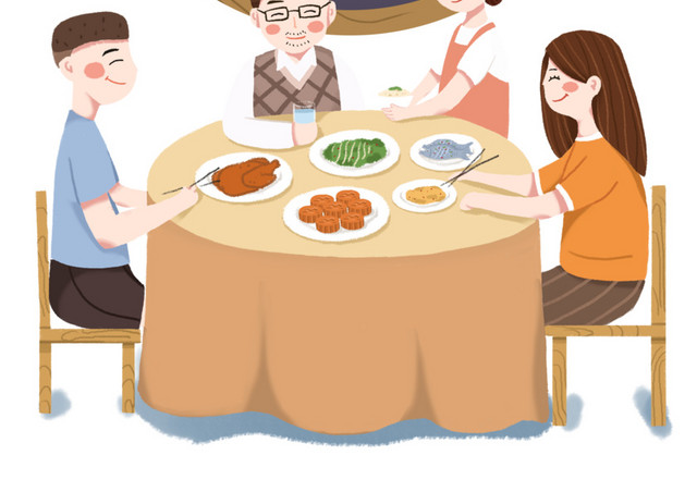 中秋节手绘一家人吃饭团圆