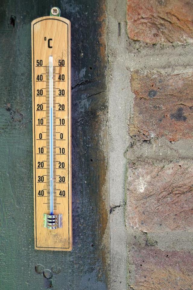 墙面悬挂木质温度计特写背景图片