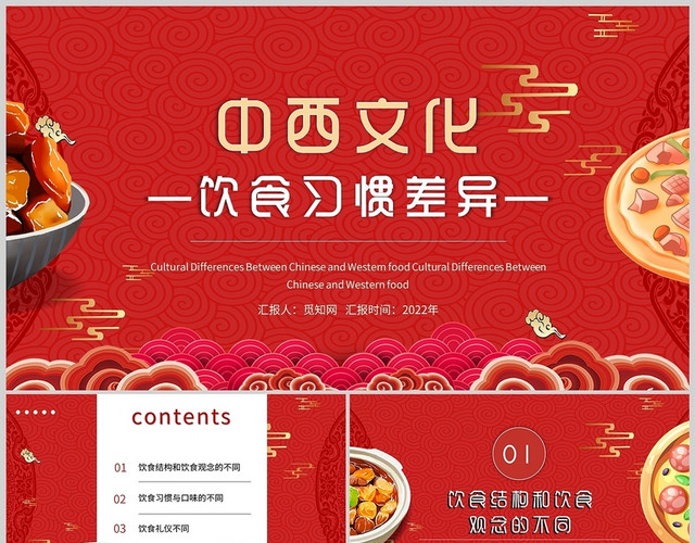 红色中国风国风简约中西方文化饮食习惯差异通用PPT模板