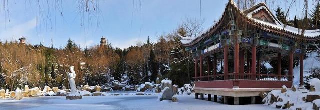 冬日白雪树林古塔自然景观背景图片