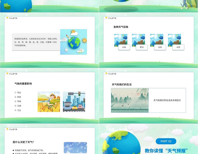 浅绿色清新简约大气卡通气象科普PPT模板