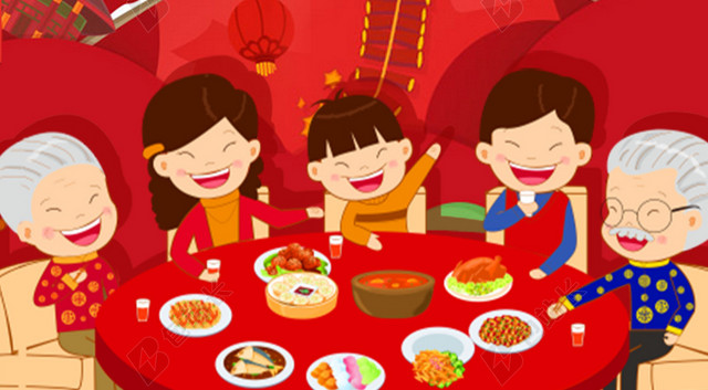 春节年夜饭创意合家盼团圆海报背景模板