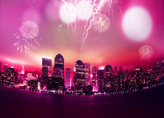 灯笼烟花城市夜景新年背景