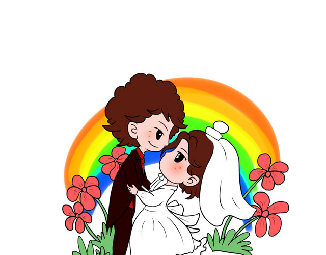 彩虹下甜蜜新郎新娘插画