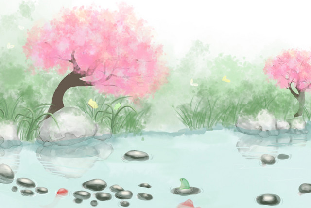 手绘小清新春天风景插画素材