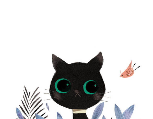 手绘黑色猫咪小鸟