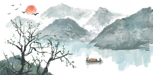 清明节水墨山水插画素材