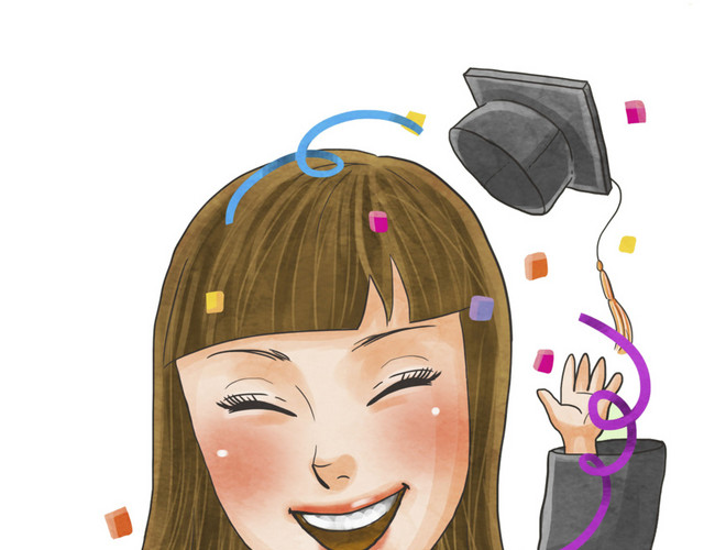 女生扔学士帽插画
