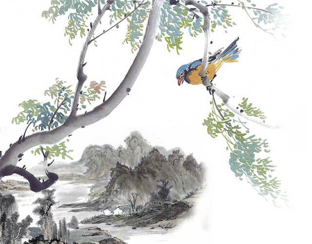 水墨画黄鹂鸟山水画