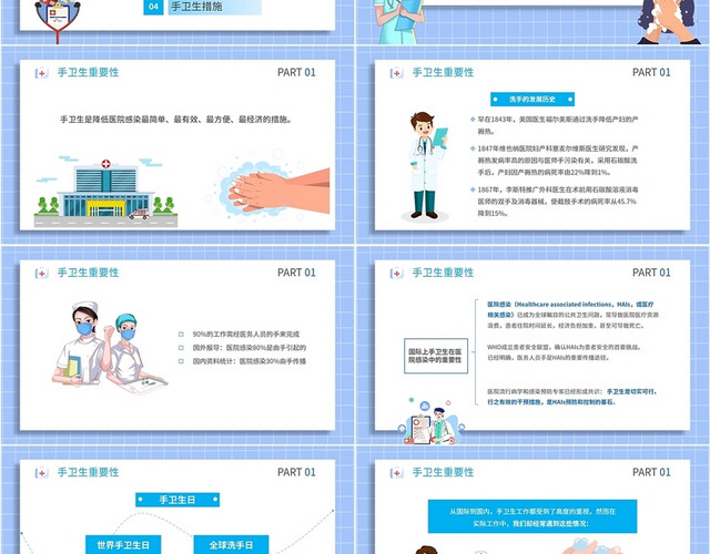 2022蓝色卡通小清新医院医生护士手卫生知识学习培训教学模板手卫生知识培训