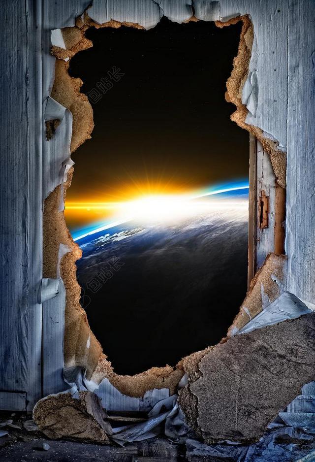 创意破损木墙外的地球背景图片