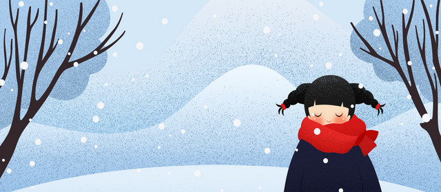 冬季文艺女孩赏雪手绘蓝色BANNER小雪