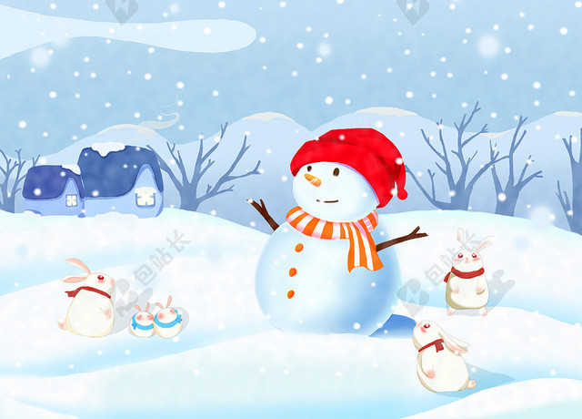 小寒大寒立冬圣诞节大雪雪人卡通童趣蓝色冬至BANNER插画