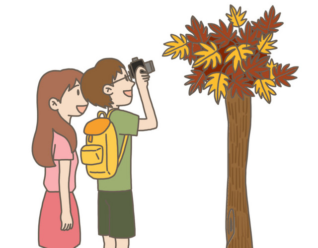 秋游手绘插画情侣拍摄枫叶免抠元