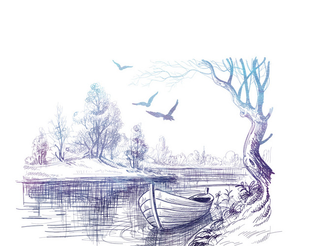 手绘素描小船流水设计