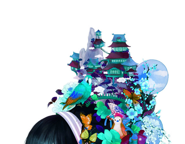 手绘少女与城市