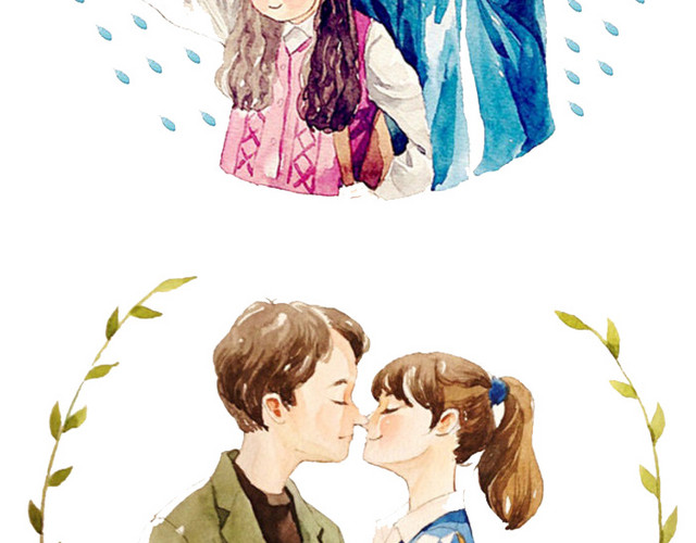 清新手绘水彩情侣插画