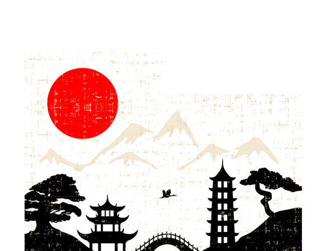 日式风格插画设计矢量素材下载太阳亭子松树太阳