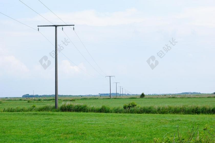 草地 绿色 地平线 电杆 电源线 电力