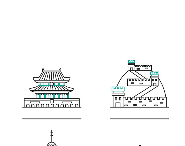 手绘简约线条古建筑