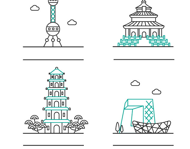 手绘简约线条古建筑