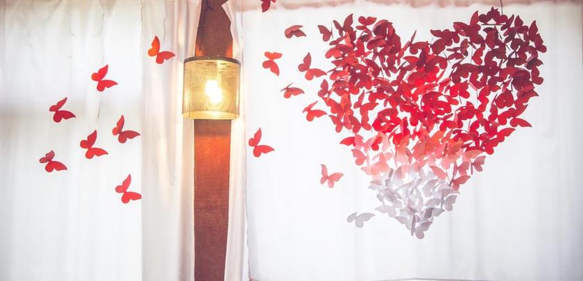 红色物品唯美窗帘上的红色蝴蝶背景图片