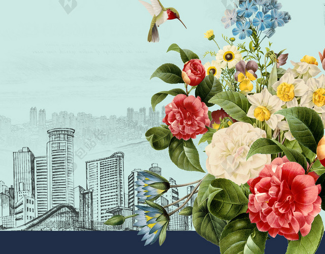 地产复古手绘花鸟插画海报