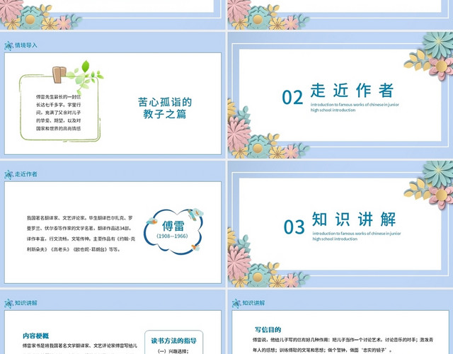 蓝色简约傅雷家书说课课件PPT模板