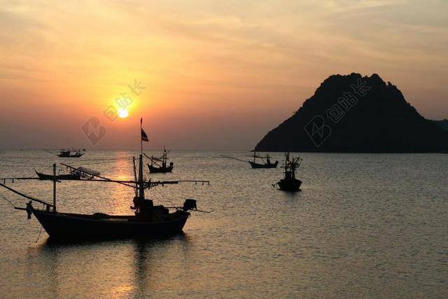 日出 和平 宁静 海港 科夫 船 渔船 水 泰国 湾