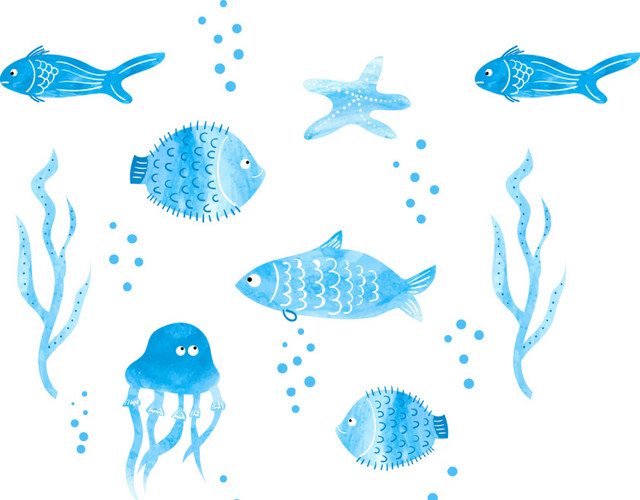 漂浮蓝色海洋世界和生物