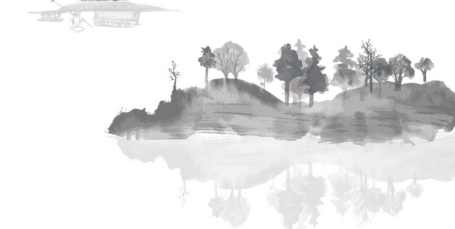 水墨湖边风景