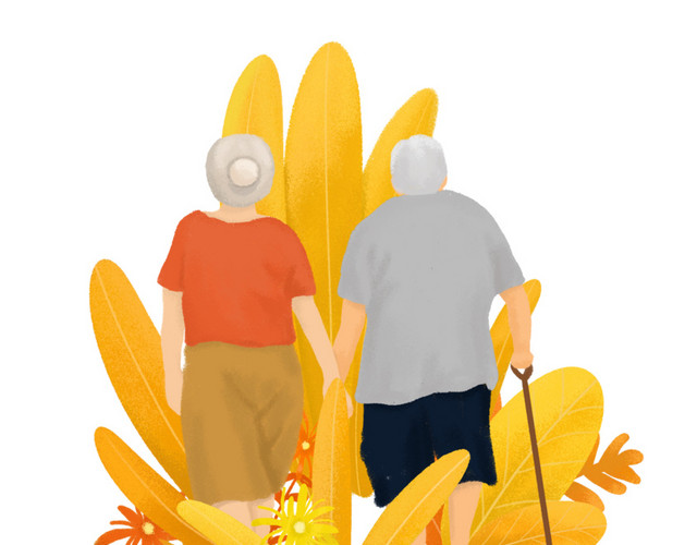 手绘携手白头老人插画