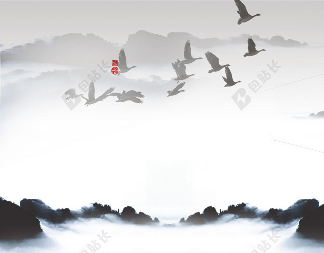 中国风山水飞鸟毛笔PSD分层主图背景素材