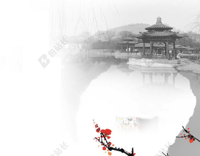 凉亭边上长有一棵寒梅背景图