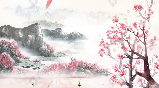 桃花山水水墨画背景