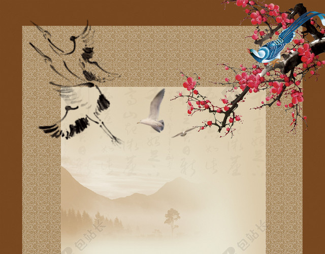 中国风水墨山水花鸟展板背景