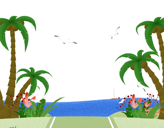 手绘草地海滩背景免抠