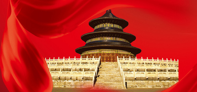中国风天坛建筑红色丝绸背景BANNER
