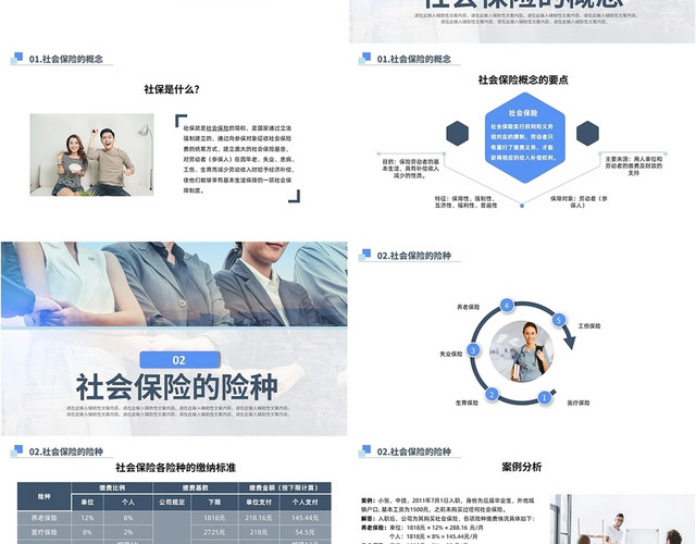 蓝色商务风格社会保险知识PPT工作培训PPT社会保险知识讲解