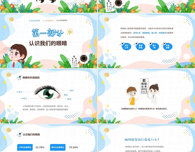 彩色清新卡通儿童中小学保护眼睛爱护视力主题班会PPT保护眼睛课件