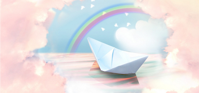 梦幻天空之城橘色彩虹纸船海报BANNER