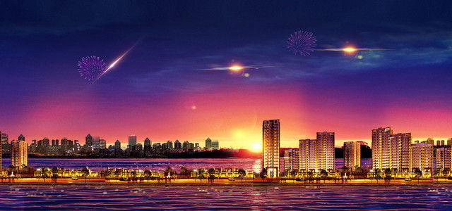 海景城市大气商务紫色淘宝海报背景