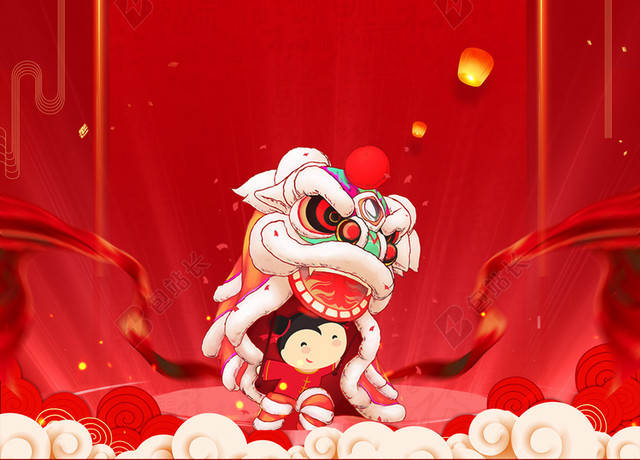 新年舞狮吉祥红色背景