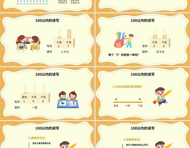 橙色简约人教版小学数学一年级下册读数和写数教学教案课件PPT