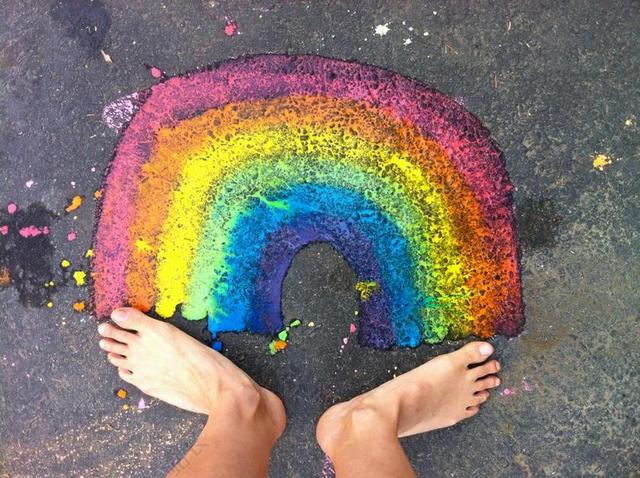 彩色艺术可爱地面上的脚和彩虹艺术创作绘画摆拍背景图片
