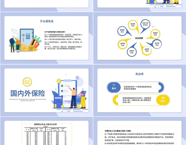 黄蓝色卡通风格失业保险PPT工作培训PPT社会失业保险