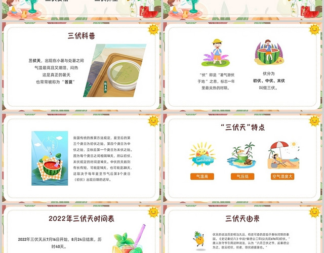 黄色卡通清新夏天三伏天科普介绍PPT课件
