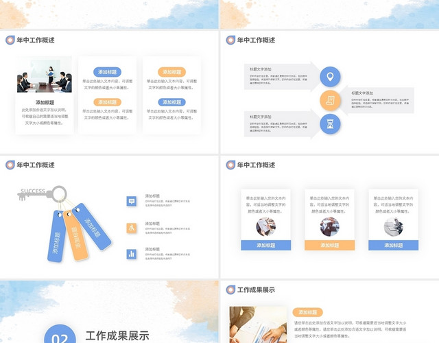 蓝色水彩风年中总结工作汇报PPT模板