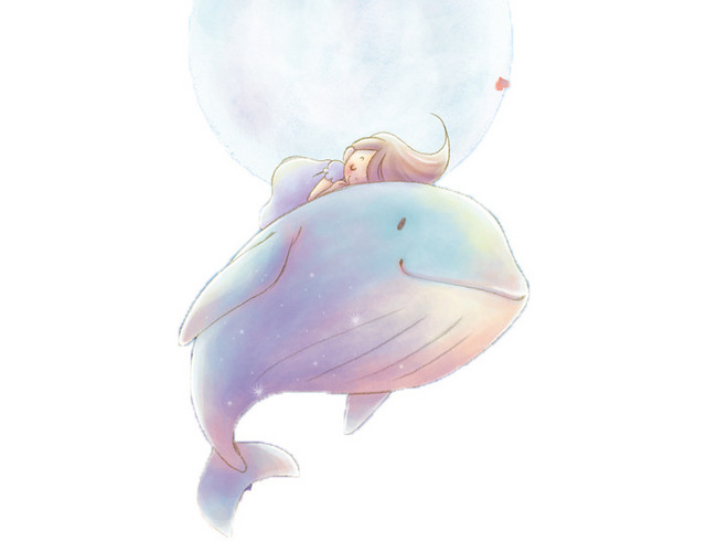 手绘文艺鲸鱼和小女孩